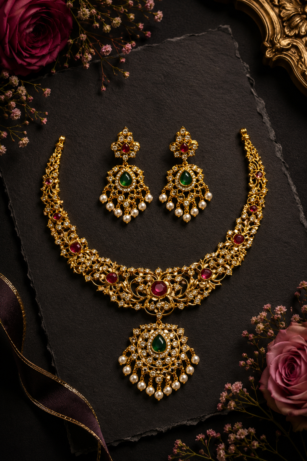 Sundari Gold and Semi-precious Stones Necklace Set