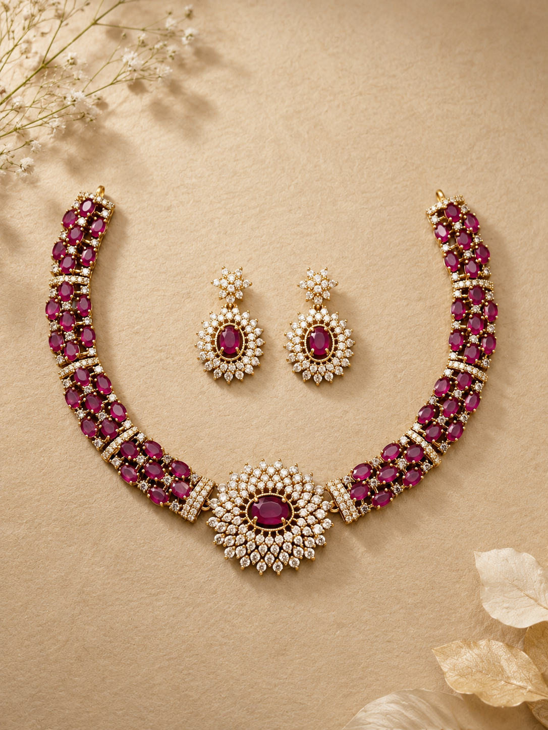Rasiya Ruby & Diamond Neckless Set
